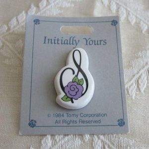 Vintage Letter S Brooch w Purple Rose Initial Pin